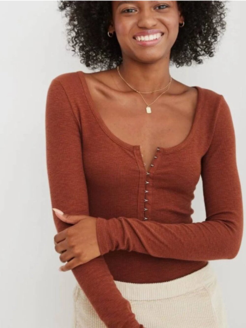aerie Small Ribbed Long Sleeve Bodysuit Rust Chocolte Brown Long Sleeve Hook - Picture 1 of 7